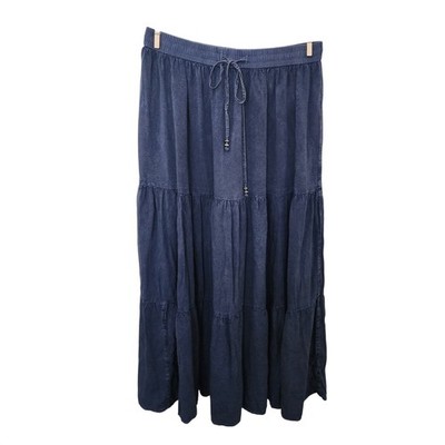 Mlle Gabrielle Blue Tiered Maxi Skirt Small Boho Chambray Drawstring Beaded