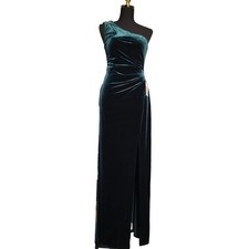 Alex Evenings Velvet Dress Long Formal Gown Off Shoulder Ruched Waist Green Sz 2