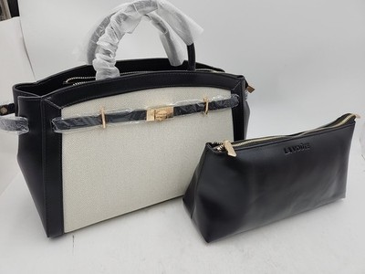 NEW La Voute The Adrienne Vegan Leather/Canvas Tote Bag Shadow/Black Gold Toned