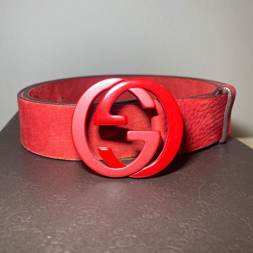 Gucci Men's Red Dress Belt Interlocking G GG Logo Buckle Adjustable 34/36