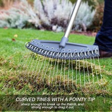 Thatch Rake Stainless Steel Curved Tip Teeth Lawn Rake for Leaves Garden