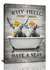 Farmhouse Highland Cow Bathroom Decor Wall Art Country Black and White Cow in...