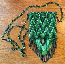 Beautiful Glass Beaded Purse Green 7.5"x 4" with 21" Shoulder Strap MUST SEE
