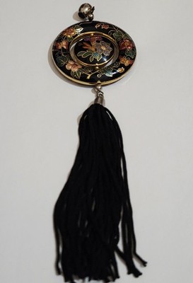 Chinese Cloisonne Vintage Spinning Pendant Donut Shape Silk Tassel 