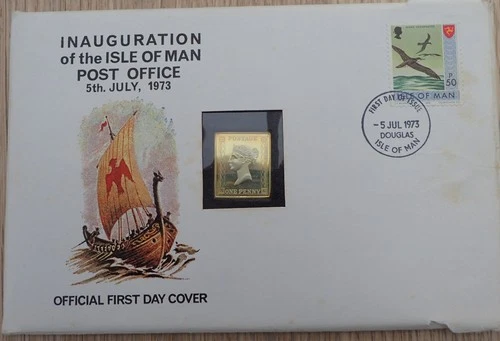 ISLE OF MAN 1973 FIRST DAY COVER WITH PENNY BLACK STAMP GOLD PLATED SILVER INGOT