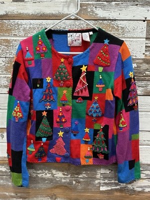 VTG Michael Simon Womens Multicolor Sequin Jewel Christmas Tree Cardigan M 1998