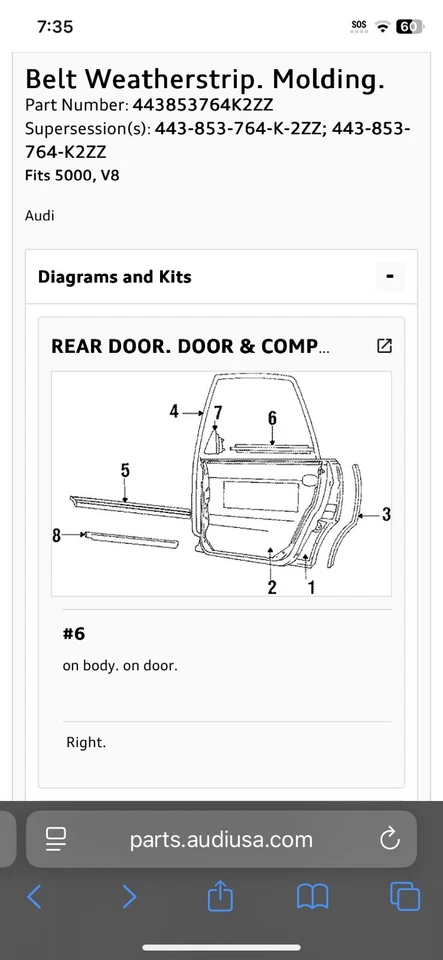 NOS PIEZA DE MOLDURA CROMADA VENTANA PUERTA TRASERA DERECHA PARA AUDI 5000 QUATTRO 1984-94 y tracción delantera Foto 2 de 4