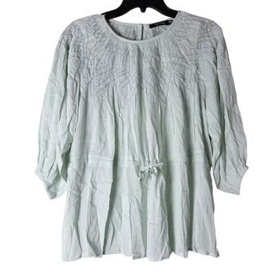 Doe & Rae Blouse Women Medium Mint Green Embroidered Peplum Boho 3/4 Sleeve