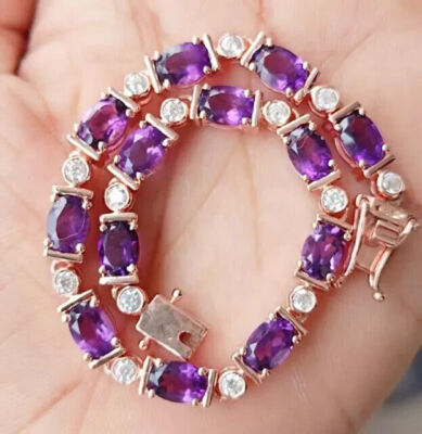 14K Rose Gold Plated Oval Cut Lab Created Amethyst Women's Tennis Bracelet