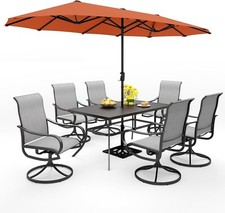 8 Piece Outdoor Dining Set with Umbrella Patio Swivel Chairs Table Set Gray