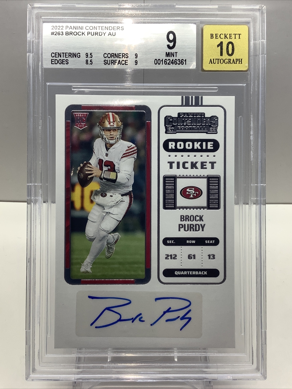 2022 PANINI CONTENDERS BROCK PURDY #263 RC AUTO BECKETT 9 AUTO 10