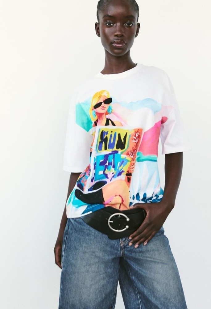 Zara Womens Loose Fit Graphic Girl Print T-Shirt White Size L