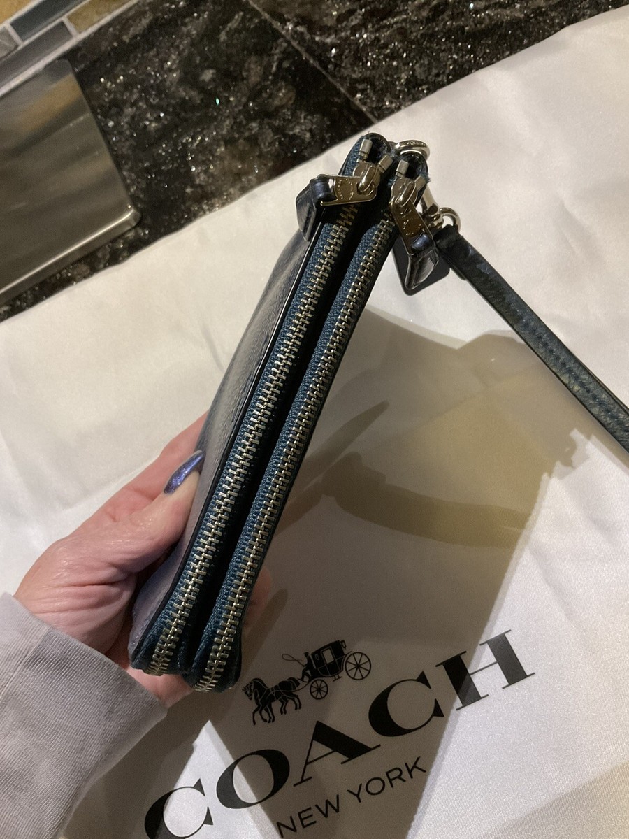 Coach Double Zip Corner Wristlet/Wallet 64130 Metallic Teal Blue