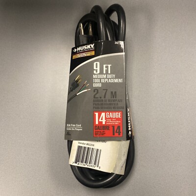Husky 9 ft. Black 14/3 Medium-Duty Tool Replacement Cord 15 AMP 125V