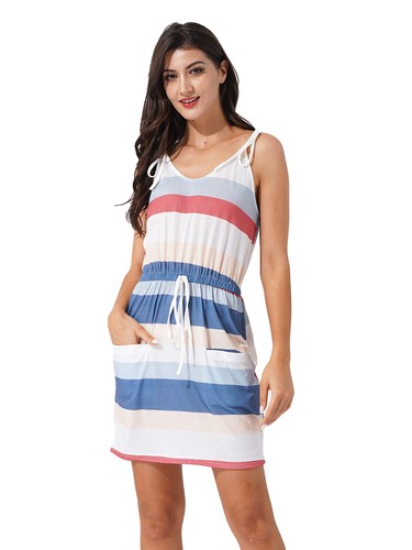 Mini vestido informal de verano a rayas sin mangas cuello en V playa informal bolsillo vestido de sol - Imagen 17 de 29