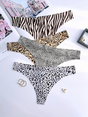 Nahtlose Damen String Tanga mit Leoparden Muster, Tiger Print   4 Strings - Set