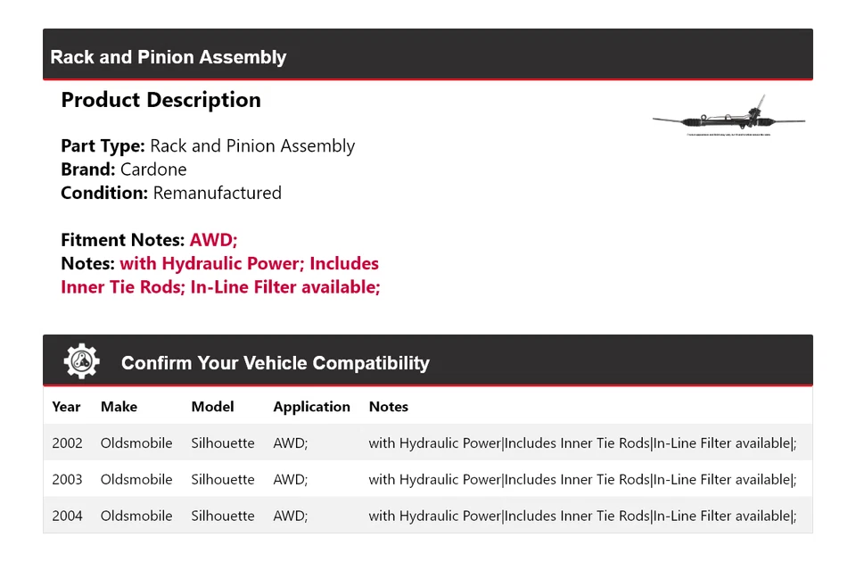 Montaje de piñón y bastidor Cardone 2003 para Oldsmobile Silhouette AWD 2002-2004 Foto 2 de 4