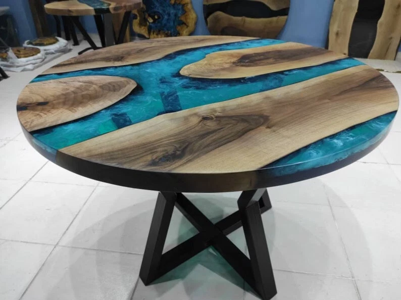 Mesa de centro de resina epoxi turquesa, mesa de río epoxi transparente aspecto antiguo Foto 2 de 4