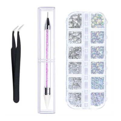 Crystal AB Rhinestones Dimante Flat Nail Art Gems Picker Wax Dotting Pen Tweezer
