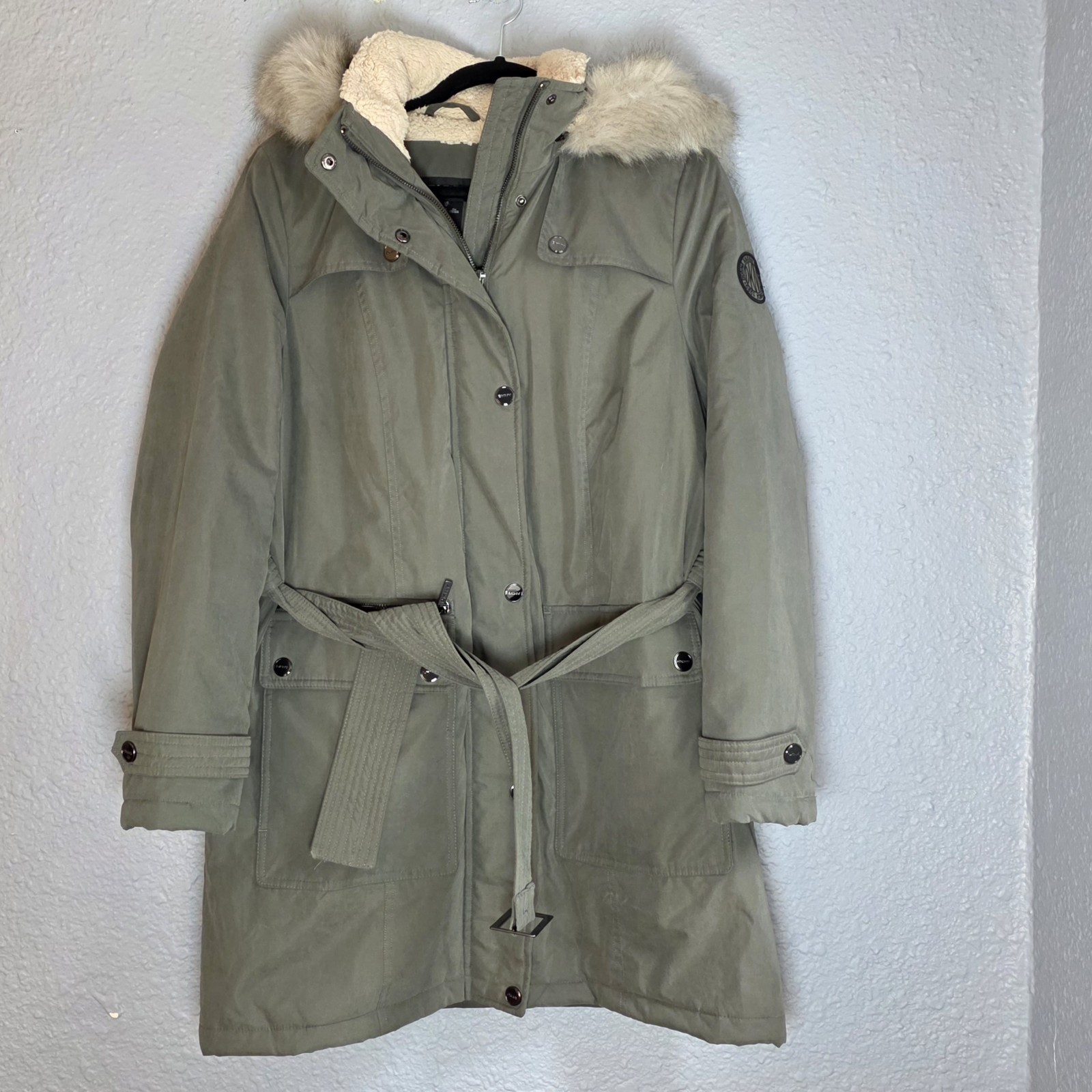DKNY Women's Faux-Fur-Trim Hooded Belted Anorak Jacket in Olive Green. Size M