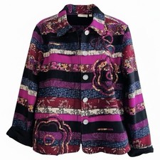Whimsical Vintage Choices Pink Purple Striped Floral Embroidered Blazer Large