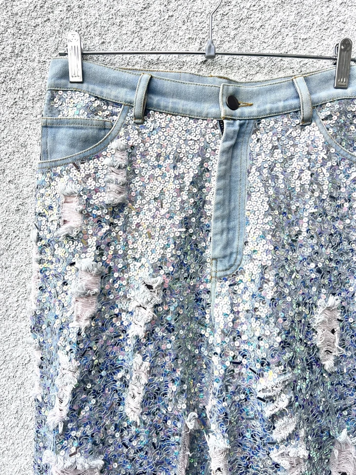 Ashish Pink Denim Distressed Hand Embroidered Sequined Jeans w/ Beading M 30” - Image 3 of 4