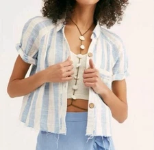 Free People Away at Sea Striped Buttoned Boxy Top White Blue Size S NWOT!