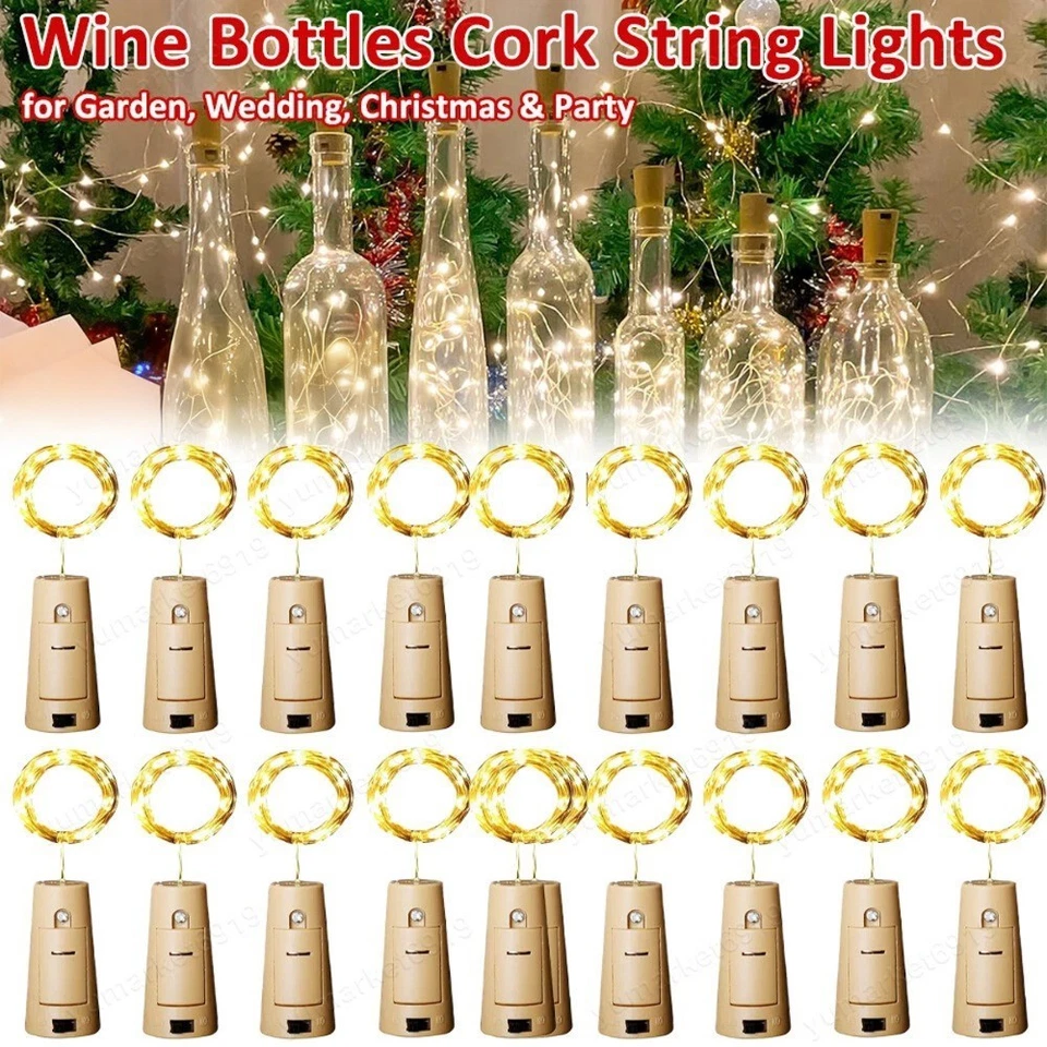 Cadena de luces de botella de cobre de Navidad 20 luces LED blancas cálidas hadas vino en forma de corcho Foto 3 de 4