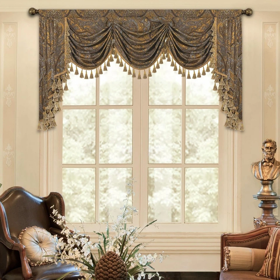 Luxury Bronze Gold Jacquard Waterfall Valance for Elegant Home Décor - 79W Inch - Image 3 of 4