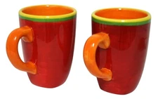 Dansk Caribe Aruba Ceramic Coffee Mugs Set of 2 Red Orange Green Trim 14 oz Bold