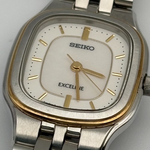 Running SEIKO EXCELINE 4J41-0AA0 Square White Dial Two Tone Watch From Japan