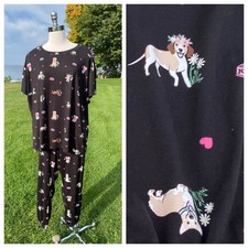 Joyspun Women Pajama Set Size 3X 22W 24W Black with Dogs Short Sleeve Long Pants