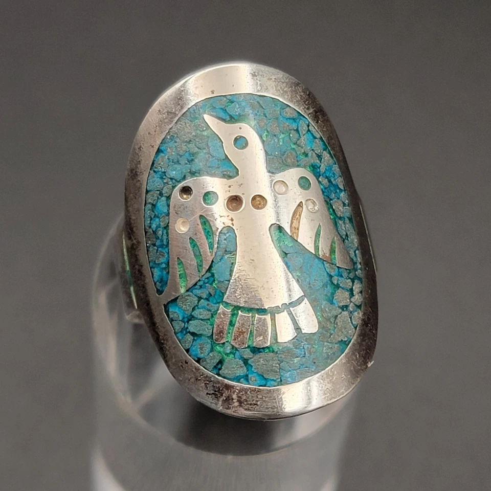 VTG Taxco Mexico 925 Sterling Silver Ring Turquoise Peyote Bird Gemstone Band PB - Image 2 of 4