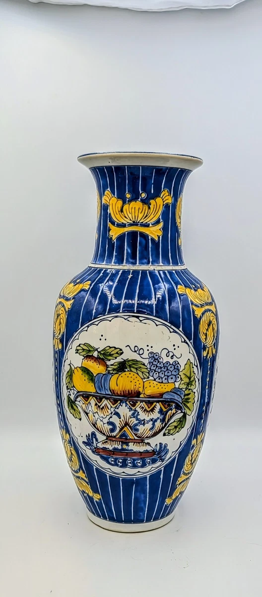 Vintage Chinese Porcelain Vase Blue Yellow Fruit Motif 12.5” Hand Painted