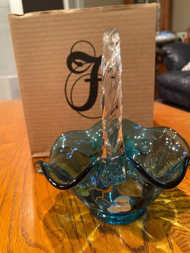 Fenton 7” Hand-Painted Indigo Blue Glass Basket, with box, excellent condition
