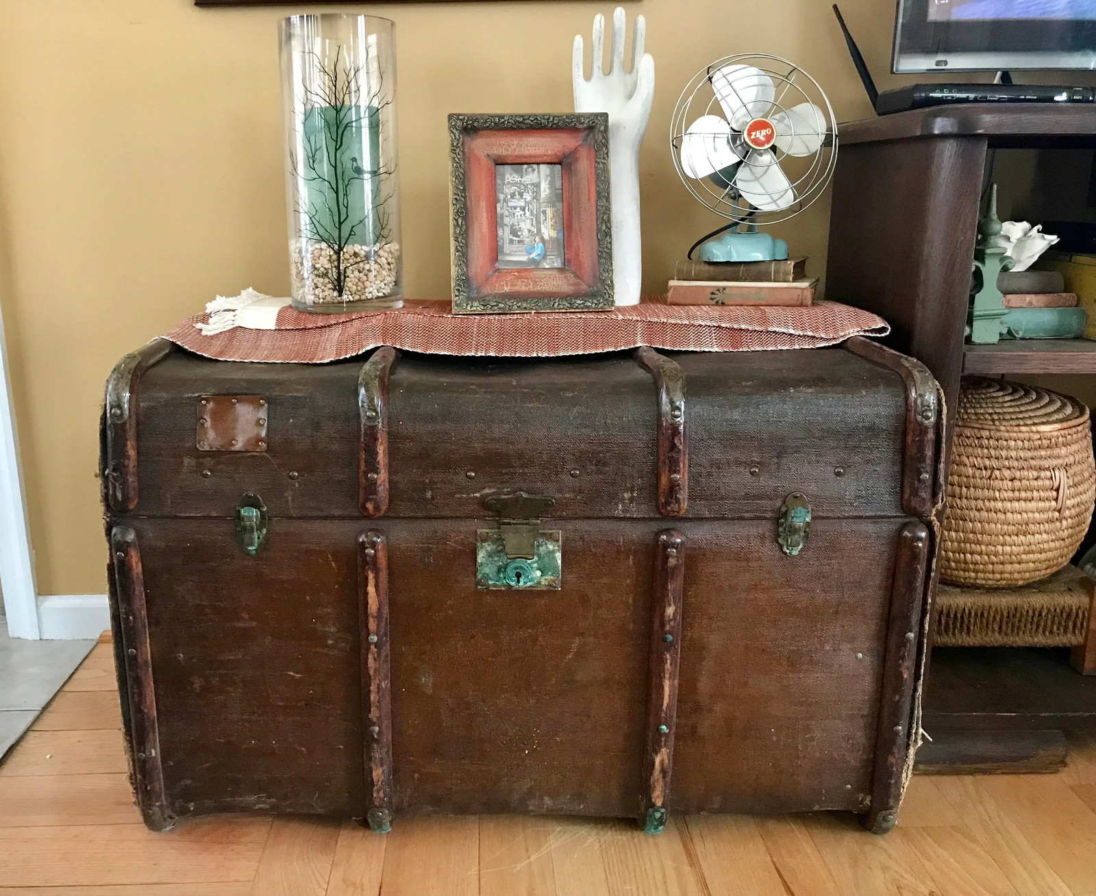 Antique Curved Chest | Canvas Steamer Trunk | Treasure Chest | Rustic Storage