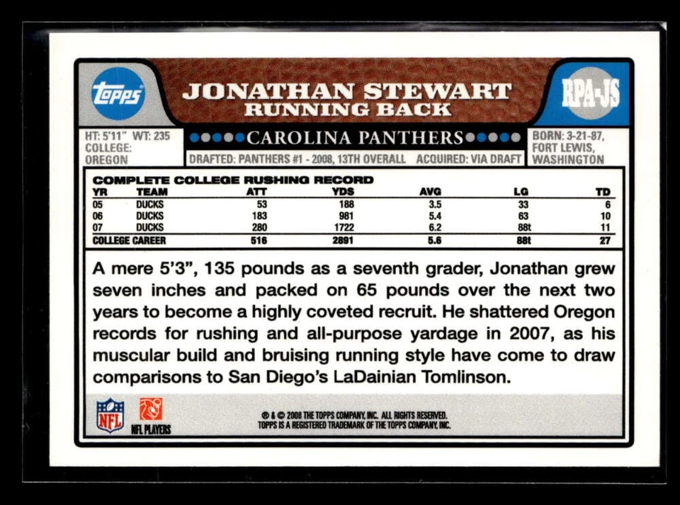 2008 Topps Jonathan Stewart Rookie Premiere Autograph Auto Panthers FX110 - Image 2 of 2