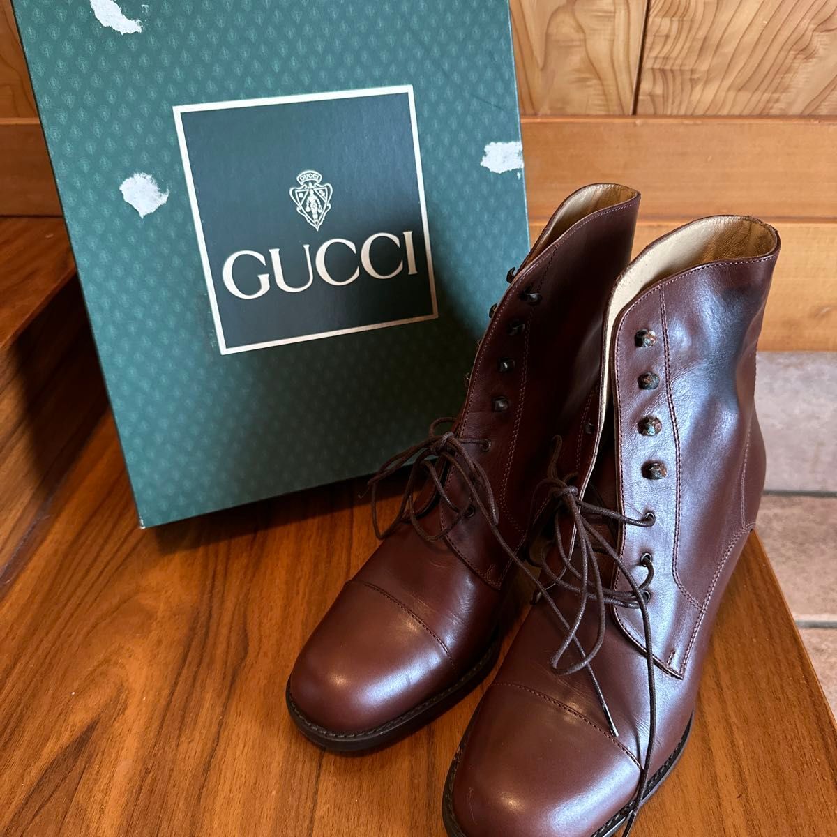 Gucci Boots Heel Lace-up Leather Brown EU37.5/US7.5 35375c | eBay