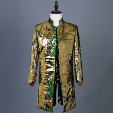 Mens Reversible Two Tone Sequin Longline Jacket Suit Blazer Cabaret Carnival