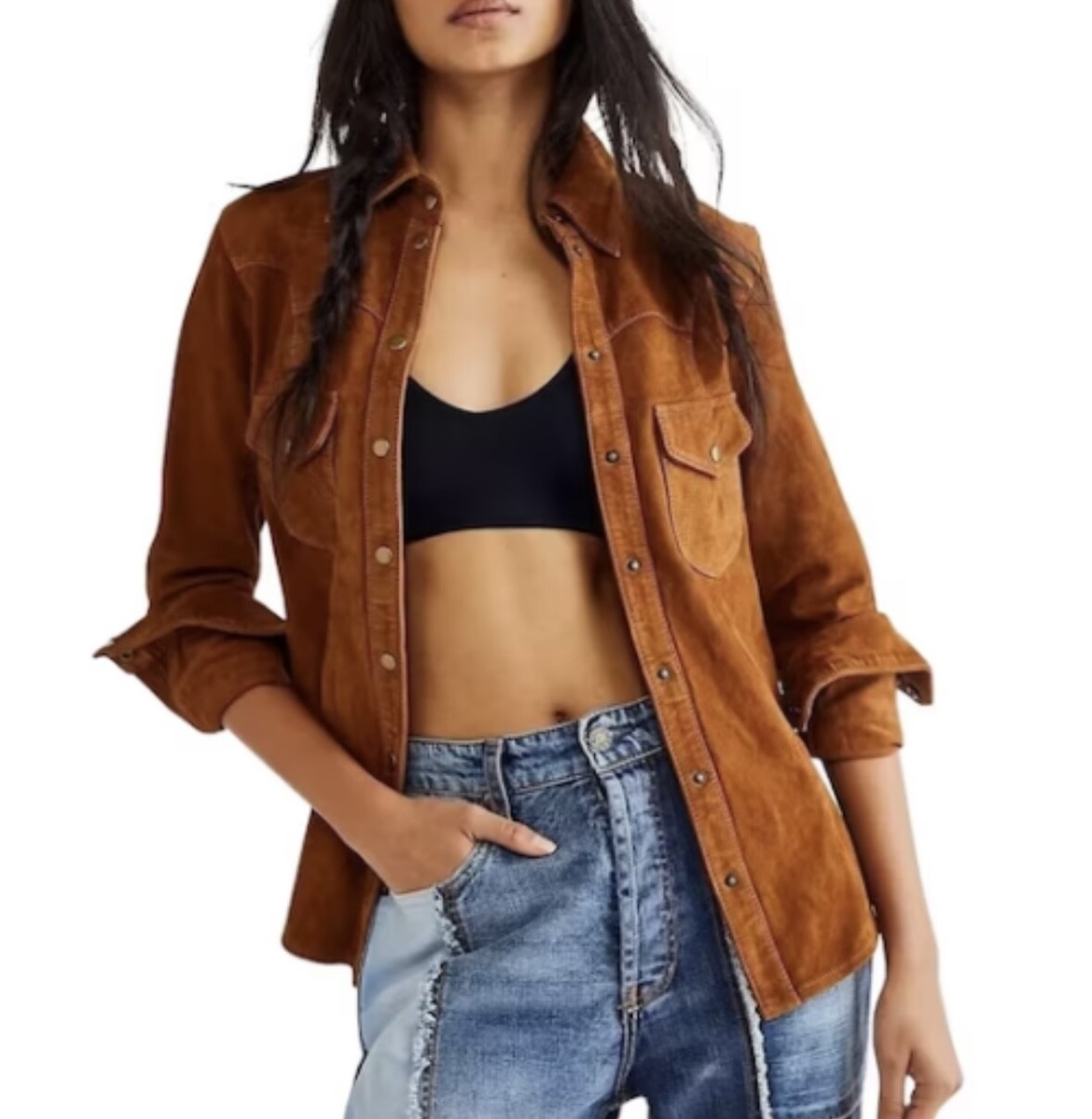 Women 100% Genuine Suede leather Western Style Leather Shirt Style Jacket