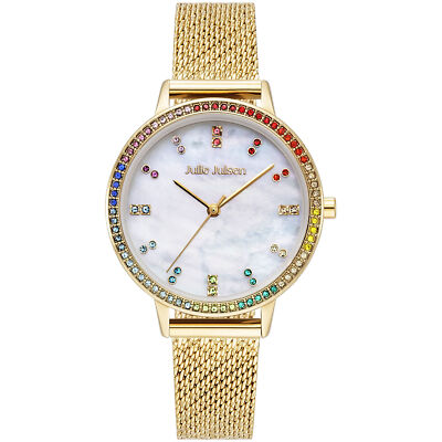 Julie Julsen Damenuhr Quarzuhr  Rainbow gold white Meshband Edelstahl goldfarben