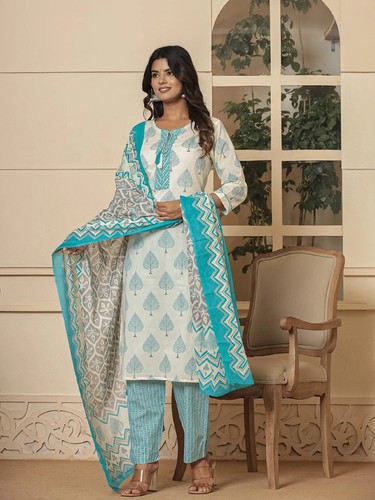 INDIAN KURTI PANT SUIT KURTA Cotton SALWAR KAMEEZ DUPATTA SET WOMEN DRESS - Picture 4 of 13