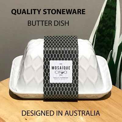 New MOSAIQUE ciroa Quality Stoneware Butter Dish White w/ Raised Ogee Pattern