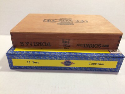 Cigar Boxes Lot 2: Dovetail Wood Puros Indios Honduras & Paper Capricho Cubano 
