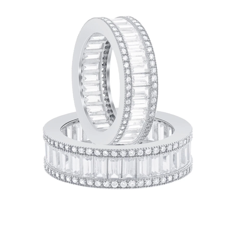 Anillo banda de eternidad enchapado en plata de ley 925 corte esmeralda piedras de circonita cúbica Foto 3 de 4