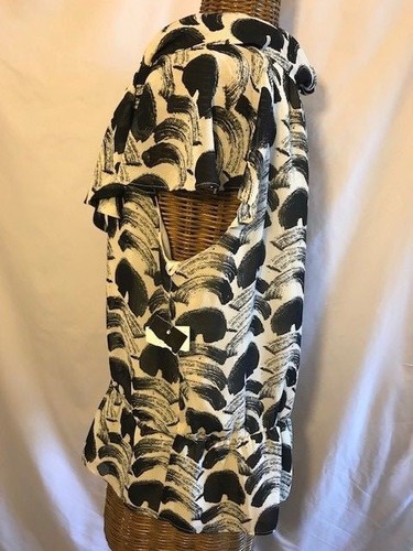 NINE WEST - IVORY GRAY BLACK SHORT SLEEVE ELASTIC WAIST BLOUSE - L - Picture 4 of 5