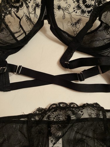 NWOT Victoria's Secret Embroidered Mesh Front Zip Bra 36D & Thong L Mint Black - Picture 4 of 4