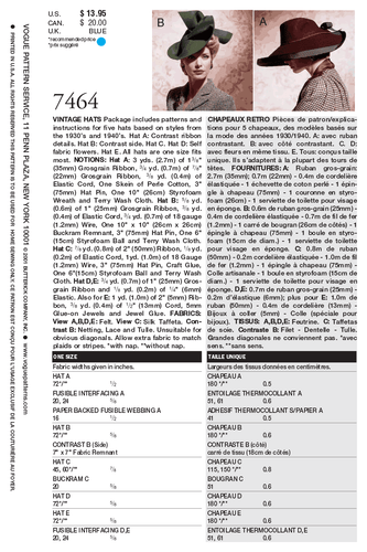 Vogue Pattern - Vintage Hats 7464OSZ - Imagen 2 de 2