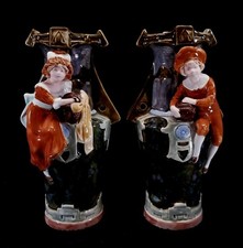 Pair Vtg Jack & Jill Boy & Girl Handpainted Ceramic Vases Earthy Colors 11" EXC