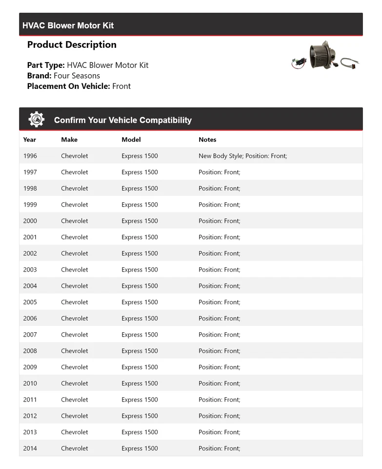 Kit de motor soplador delantero 4 estaciones 1997 para Chevrolet Express 1500 1996-2014 Foto 2 de 3